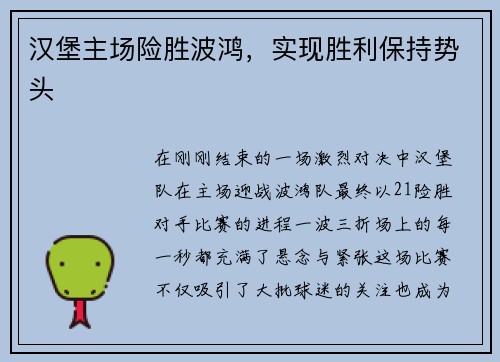 汉堡主场险胜波鸿，实现胜利保持势头